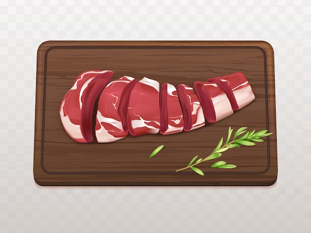 Kostenloser Vektor rohes marmoriertes fleischfilet in stücke oder teile geschnitten, um steak zu kochen oder mit gewürzen auf schneidebrett zu grillen
