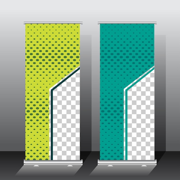 Kostenloser Vektor roll-up banner template design grünes farbschema für präsentation oder promotion mit raumbild-vektorillustration