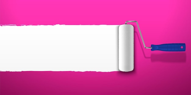Roller malt weißen Streifen auf leuchtend rosa Hintergrund, realistische Vektorillustration