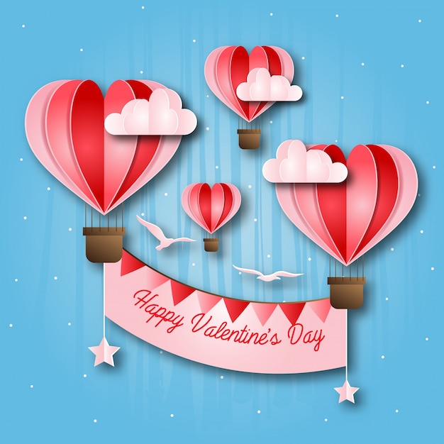 Romantische heißluft-ballon-papierkunst-glückliche valentinsgruß-karten-illustration