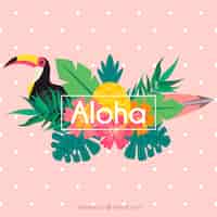 Kostenloser Vektor rosa aloha hintergrund mit tukan und blätter