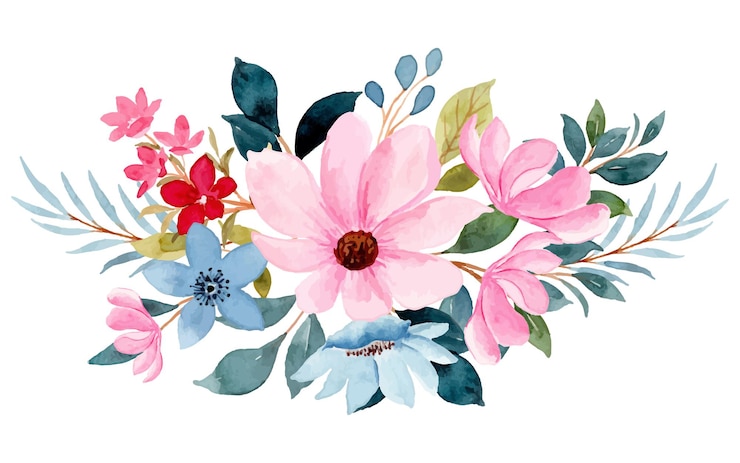 Kostenlose Vektor rosa blauer blumenstrauß mit aquarell