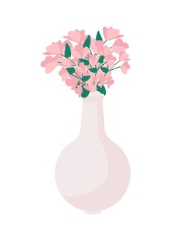 Rosa blumenstrauß in halbflachem farbvektorobjekt der vase. realistisches element auf weiß. süßes grün. blumen zum valentinstag isolierte moderne cartoon-stil-illustration für grafikdesign und animation