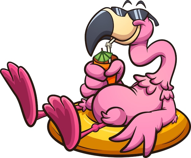 Rosa flamingo mit sonnenbrille, die auf einem lebensretter ruht und ein tropisches getränk hat