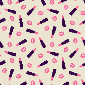 Rosa küsse und nahtloses muster des lippenstifts. kosmetisches nahtloses muster. design für die schönheitsindustrie, werbung, valentinstag. vektor-illustration