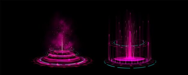 Kostenloser Vektor rosa licht-hologramm-effekt-spiel, kreis-glühportal, magisches scifi-vr-podium zum teleportieren mit neon-fantasy-rahmen, 3d-hud-cyber-futuristischer laser-virtueller sockel mit glitzerndem energiestrahl und rauch