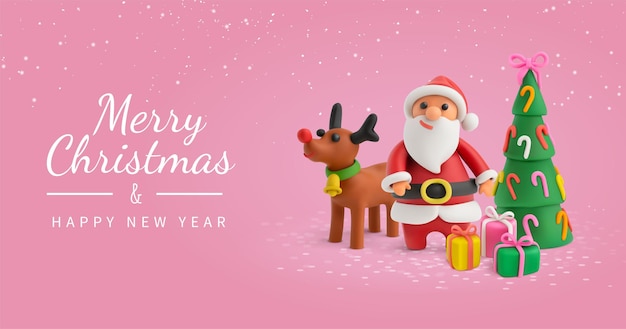 Rosa weihnachtsgrußkarte mit plastilin-weihnachtsmann und weihnachtsdekorationen