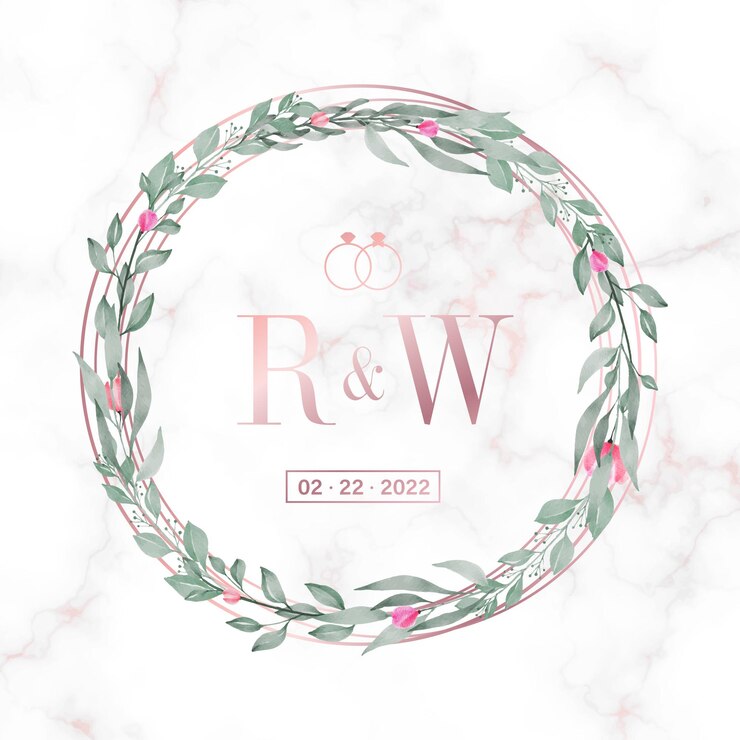 Kostenlose Vektor roségold kreisrahmen mit blumen auf marmor für hochzeit monogramm logo und einladungskarte