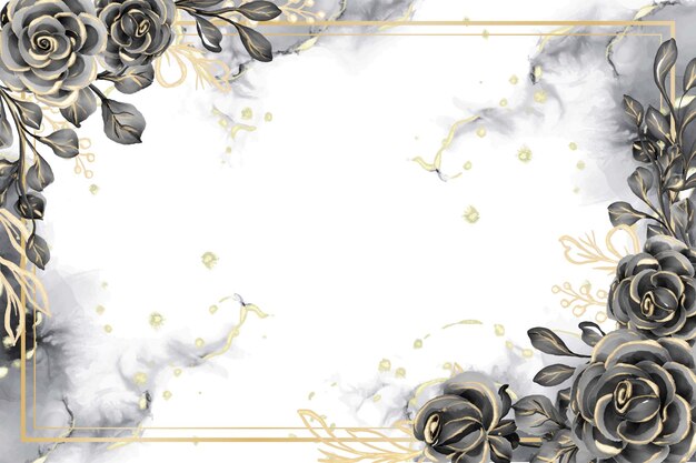 Rosenschwarz- und -goldaquarellhintergrundblumenrahmen mit weißem Raum