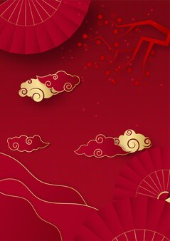 Rot und gold frohes chinesisches neujahrsfest banner hintergrunddesign. roter und goldener hintergrund des chinesischen porzellans mit laterne, blume, baum, symbol und muster. rote und goldene papierschnitt-chinesische vorlage
