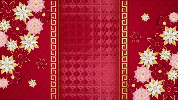 Rot und gold frohes chinesisches neujahrsfest banner hintergrunddesign. roter und goldener hintergrund des chinesischen porzellans mit laterne, blume, baum, symbol und muster. rote und goldene papierschnitt-chinesische vorlage Premium Vektoren