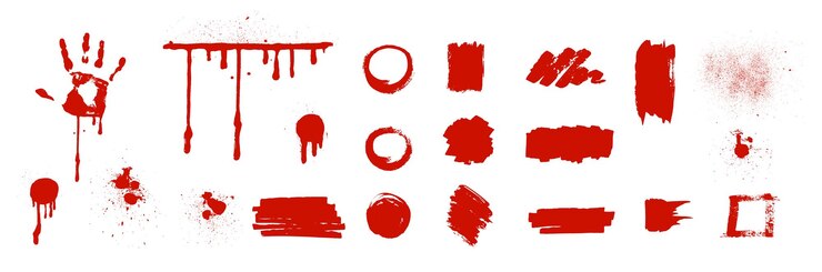 Kostenlose Vektor rote farbe oder blutflecken und spritzer auf realistischem satz des weißen hintergrundes lokalisierte vektorillustration