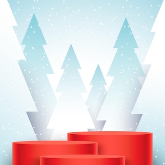 Rote sockel, die auf schneebedeckter waldhintergrundvektorweihnachtsszene mit leerem raum stehen