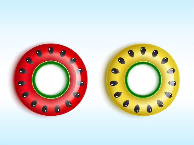 Rote und gelbe aufblasbare ringe mit wassermelonen- und melonensamenmuster