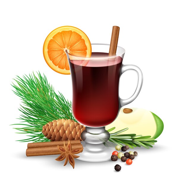 Roter Glühwein für Winter und Weihnachten mit orange Scheibe Zimtstangen Anis und Kiefer verzweigen vec