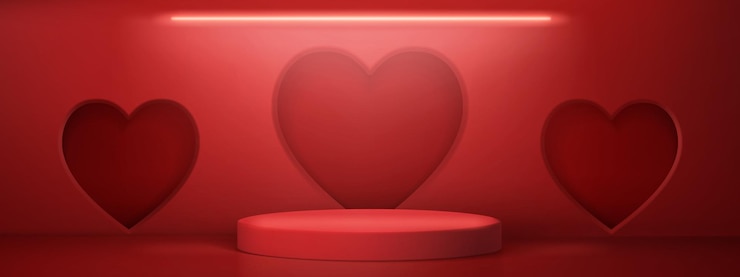 Kostenlose Vektor roter raum mit podium oder bühne und herzen valentine
