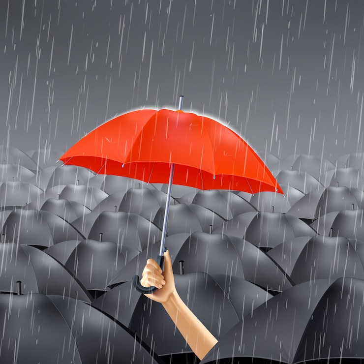 Kostenlose Vektor roter regenschirm unter regen