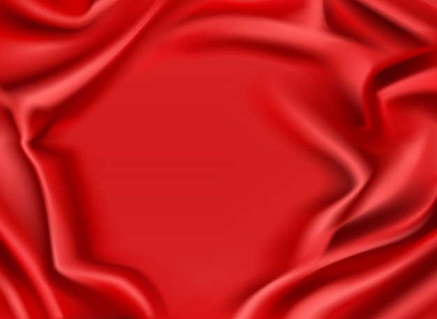 Roter silk drapierter Gewebehintergrund. Luxuriöser, gefalteter, glänzender, scharlachroter Textilrahmen mit glatter Mitte