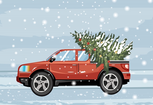 Rotes Auto Das Den Immergrunen Tannenbaum Bedeckt Im Schnee Tragt Premium Vektor