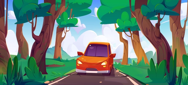 Kostenloser Vektor rotes auto fährt entlang einer asphaltstraße im wald karikaturvektorlandschaft von wald mit grünen bäumen und kurvenreichen straßen mit fahrendem fahrzeug natürliche sommerszene mit autobahn und blauem bewölkten himmel