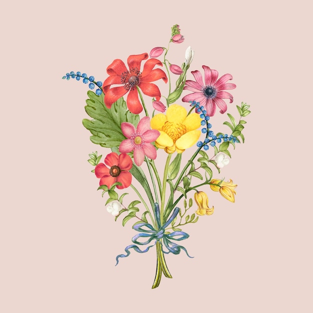 Rotes Gänseblümchen-Blumenbouquet auf rosa Hintergrund, remixed aus Kunstwerken von Pierre-Joseph Redouté