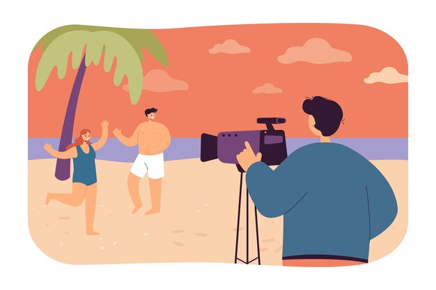 Rückansicht des Fotografen mit Kamera beim Fotoshooting am Strand. Männliche und weibliche Modelle oder Paare, die für flache Vektorillustration des Fotos aufwerfen. Fotografie, Urlaub, Sommerkonzept für Banner, Website-Design