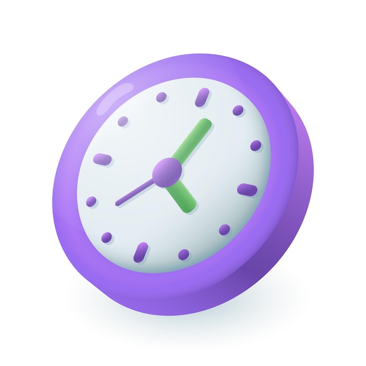 Kostenlose Vektor runde lila uhr mit grünen zeigern 3d-symbol. ziffernblatt oder zifferblatt als symbol der zeit 3d-vektorillustration auf weißem hintergrund. zeitmanagement, organisation, termin, sportkonzept