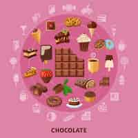 Kostenloser Vektor runde schokoladenzusammensetzung auf rosa hintergrund mit getränk von kakaobohnen, gebäck, süßigkeiten, eiscreme