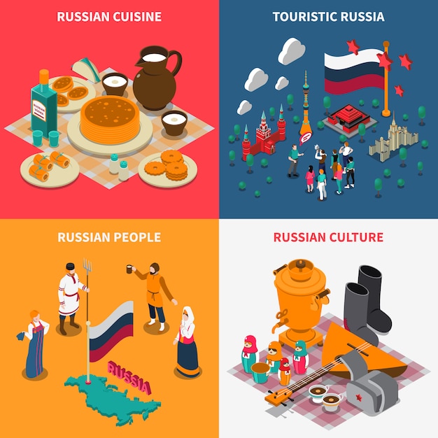 Kostenloser Vektor russische isometrische touristische 2x2 icons set