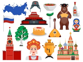 Russland-reisesymbol-traditionsmarksteinebene eingestellt mit borscht-birkenbaum des pfannkuchen-kreml-wodka-bären