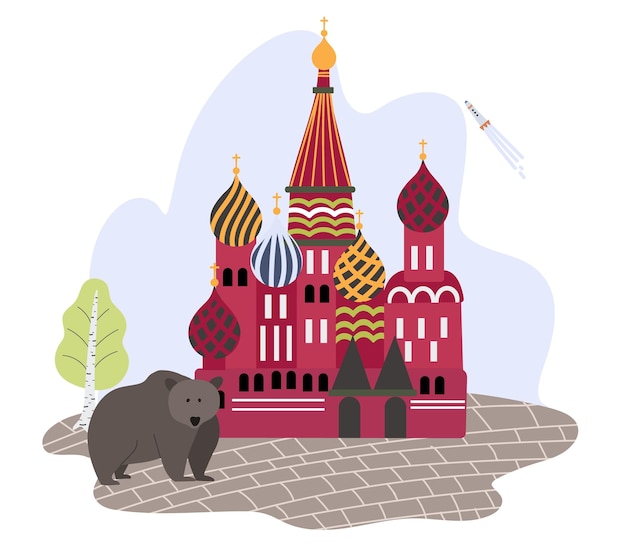 Kostenloser Vektor russland-symbolzusammensetzung von flachen ikonen mit bär und bürgersteig mit berühmtem tempel auf leerer hintergrundvektorillustration