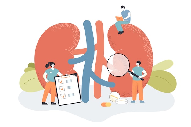 Ärzte überprüfen die Gesundheit der Nieren und des Harnsystems in der Klinik. Medizinische Studie von kleinen Menschen mit chronischen Nierenerkrankungen und flacher Vektorgrafik der Physiologie. Urologie, Nephrologie, Dialysekonzept