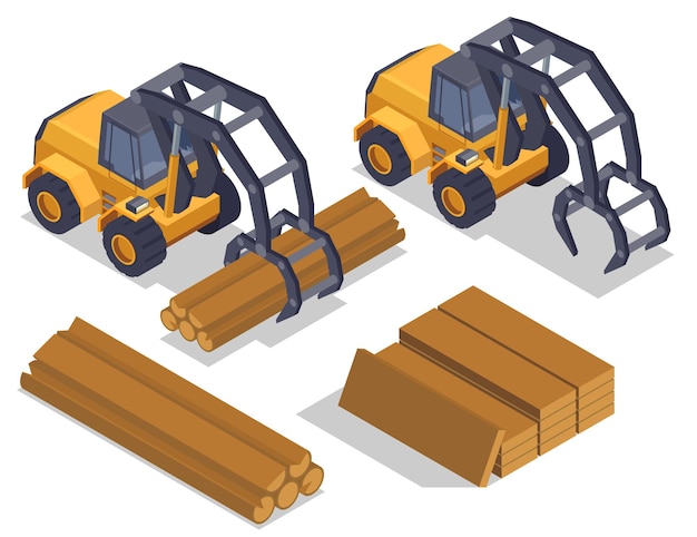 Kostenloser Vektor sägewerk holzmühle holzfäller isometrische zusammensetzung mit isolierten bildern von industrieladern, manipulatorfahrzeugen und holz