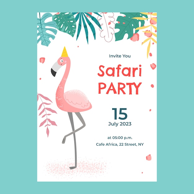 Kostenloser Vektor safari-party mit einladungsvorlage für wilde tiere