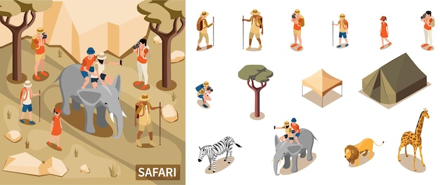 Kostenloser Vektor safari-touristenkomposition mit besichtigungs- und erkundungssymbolen, isometrische isolierte vektorillustration