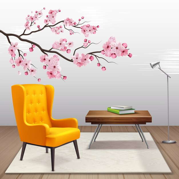 Sakura-Innenzusammensetzung mit dem Kirschzweig im Haus nahe bei Lehnsessel und Couchtisch