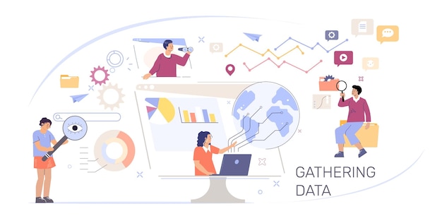 Sammeln von daten, flache zusammensetzung mit einem team von geschäftspartnern, statistikdiagrammen und diagrammen der unternehmensvektorillustration