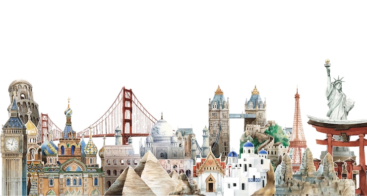 Kostenlose Vektor sammlung architektonische marksteine auf der ganzen welt aquarellillustration