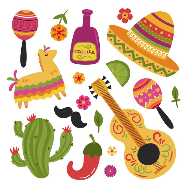 Sammlung flacher Designelemente für Cinco de Mayo-Feier