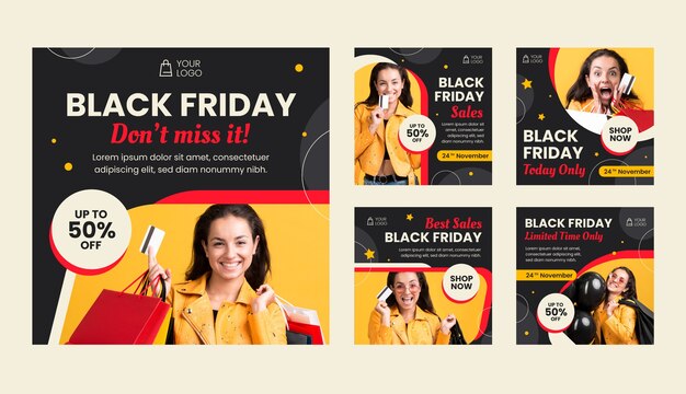 Sammlung flacher Instagram-Beiträge für Black-Friday-Verkäufe