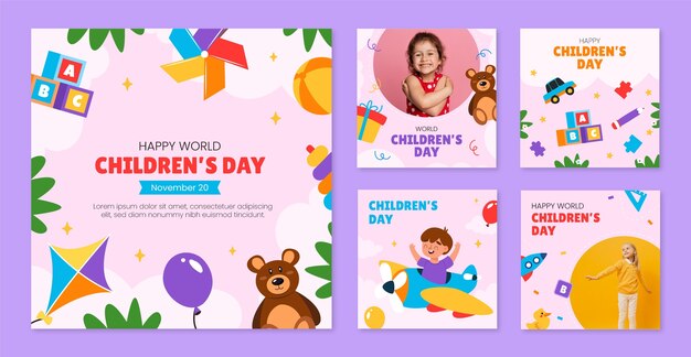 Sammlung flacher Instagram-Beiträge zur Weltkindertagsfeier mit spielenden Kindern