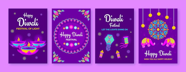 Kostenloser Vektor sammlung flacher karten für diwali-feier