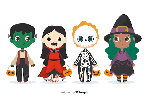 Kostenloser Vektor sammlung hand gezeichnete halloween-kinderkostüme