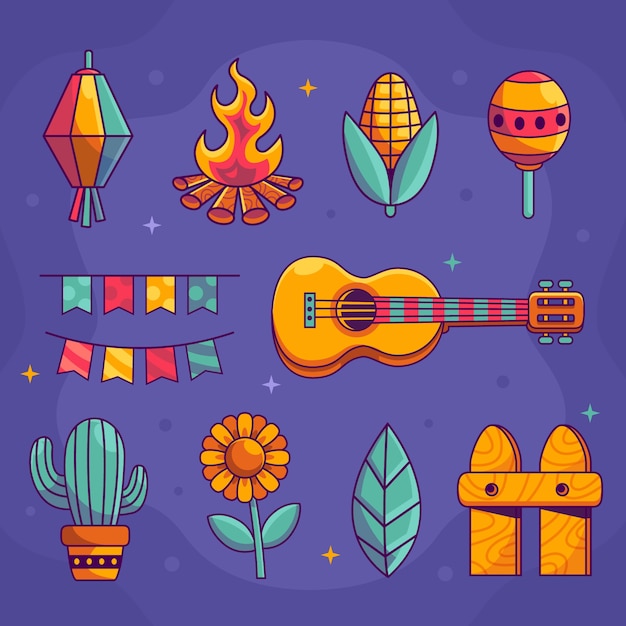 Kostenloser Vektor sammlung handgezeichneter designelemente für brasilianische festas juninas-feierlichkeiten