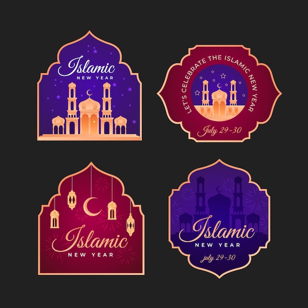 Kostenloser Vektor sammlung islamischer neujahrsetiketten mit farbverlauf