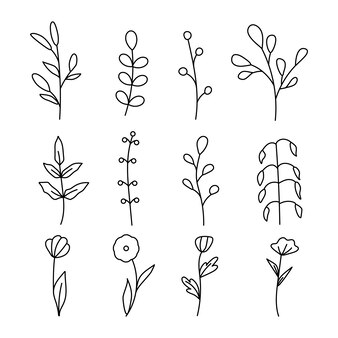 Sammlung minimalistischer einfacher floraler elemente. grafische skizze. modisches tattoo-design. blumen, gras und blätter. botanische naturelemente. vektor-illustration. umriss, linie, doodle-stil.