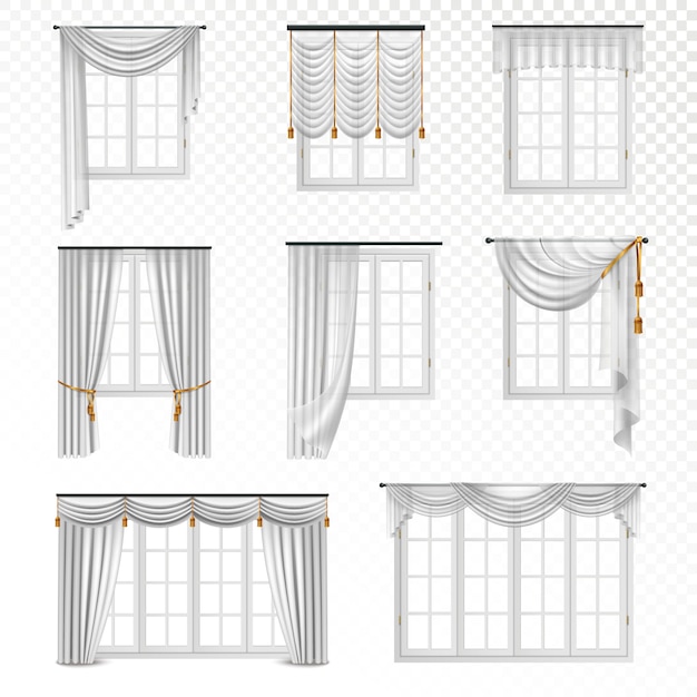 Kostenloser Vektor sammlung realistische fenster mit vorhängen in der ebene der klassischen art acht lokalisierte bilder auf transparentem hintergrund