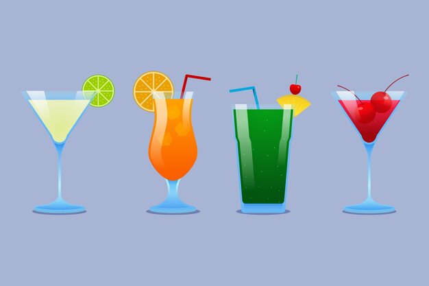 Sammlung Sof Flat Design Cocktails in verschiedenen Gläsern