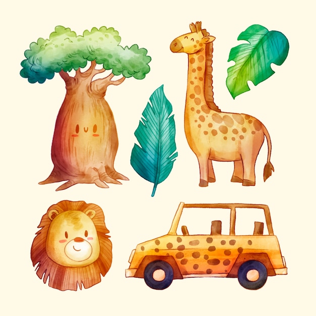Sammlung von Aquarell-Safari-Elementen