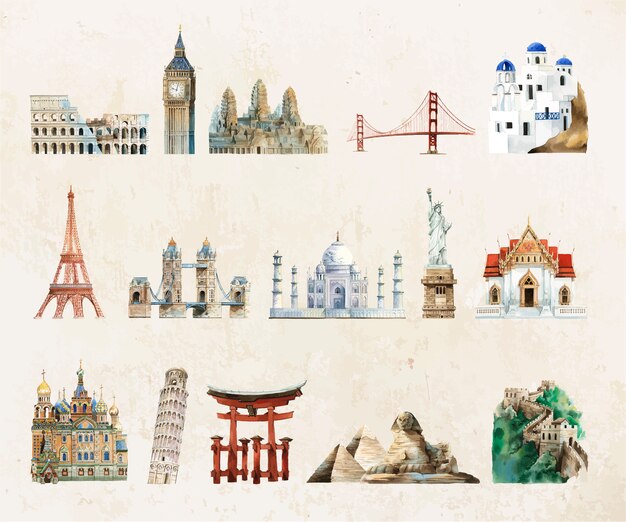 Sammlung von architektonischen Sehenswürdigkeiten, die mit Aquarell gemalt wurden